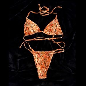 Floral pattern orange two piece swimsuit